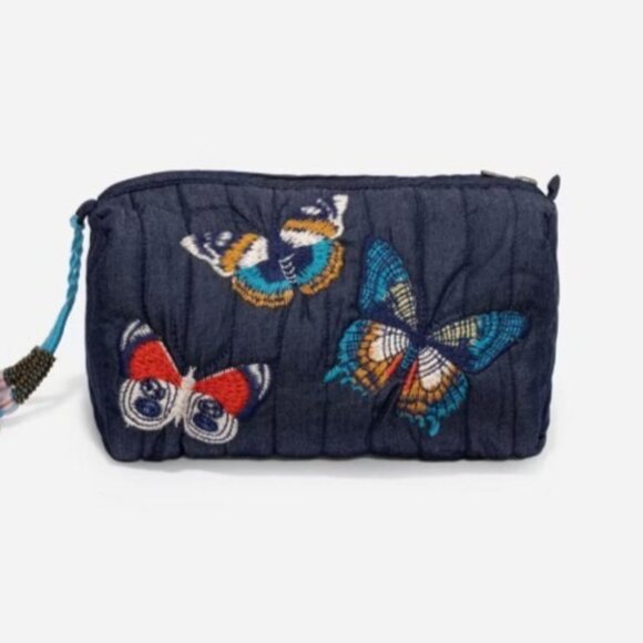 New Johnny Was Paradisio Quilted Denim Makeup Bag with Butterflies & Tassles - Picture 6 of 13